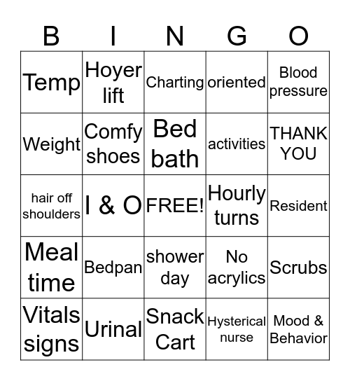 Nurse Aide Week Bingo Card