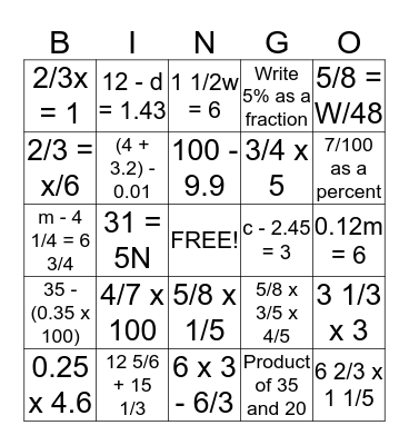 6-7 MATH Bingo Card