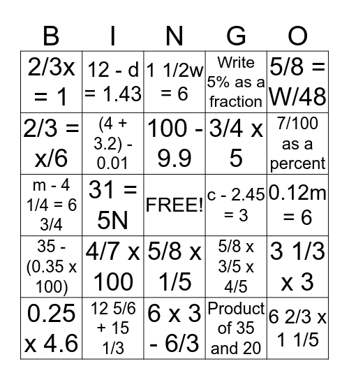 6-7 MATH Bingo Card
