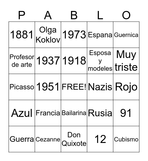 Pablo Picasso Bingo Card