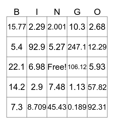 Decimal Addition and Subtraction Bingo Card