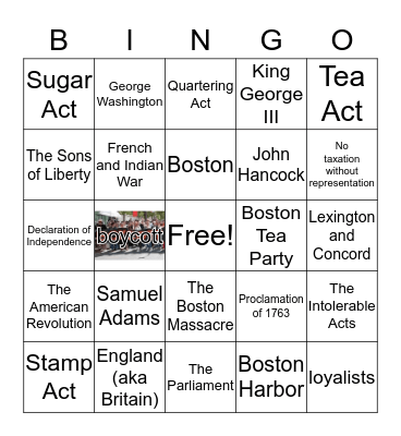 Causes of American Revolution Bingo Card