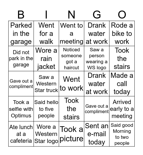 Week 1 - WS the Big Give team Bingo Card