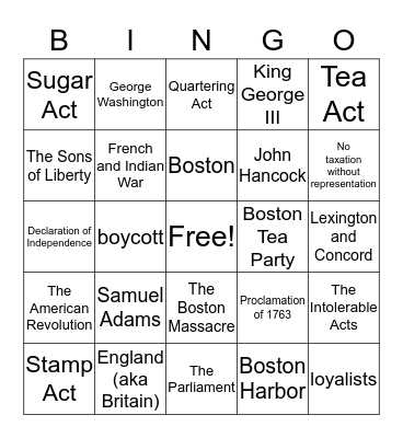 Causes of American Revolution Bingo Card