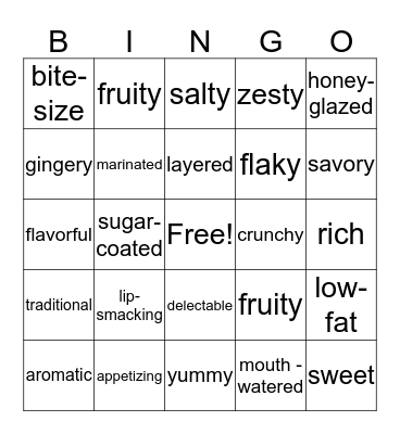 Food Adjectives Bingo Card