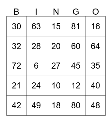 Multiplication Bingo Card