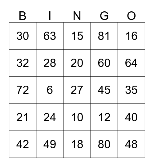 Multiplication Bingo Card