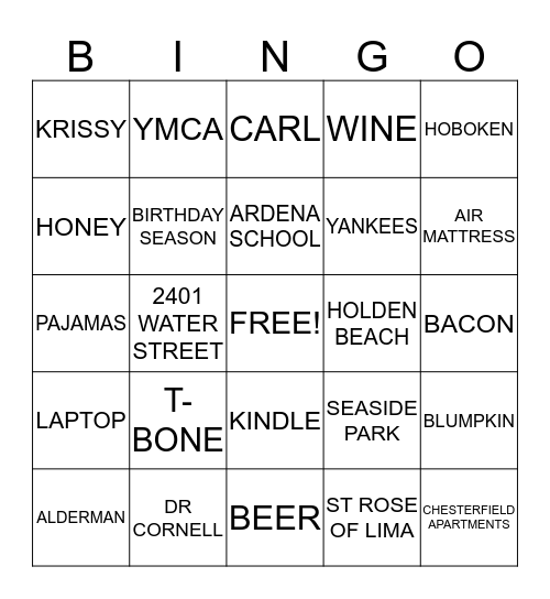 KATHIE'S 60TH BIG CHILL B-DAY WEEKEND Bingo Card