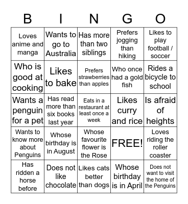 Getting To Know You.  Bingo Card