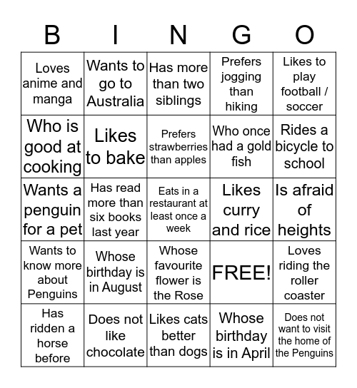 Getting To Know You.  Bingo Card