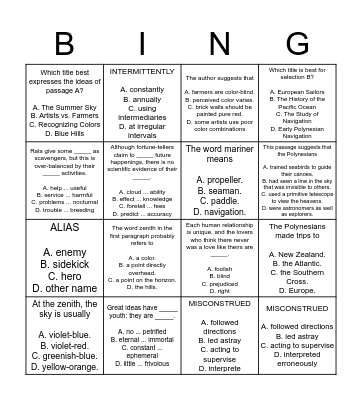 ISEE Verbal and Reading Bingo 1 Bingo Card