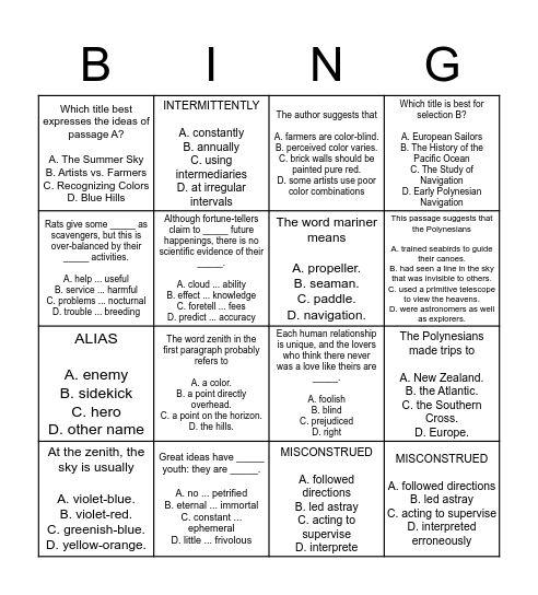 ISEE Verbal and Reading Bingo 1 Bingo Card