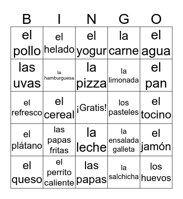 La comida Bingo Card