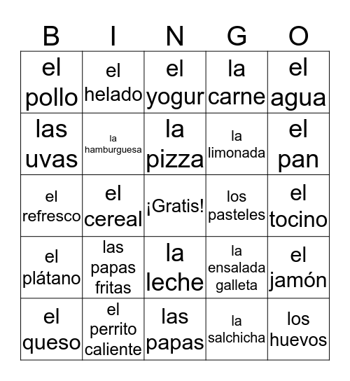 La comida Bingo Card