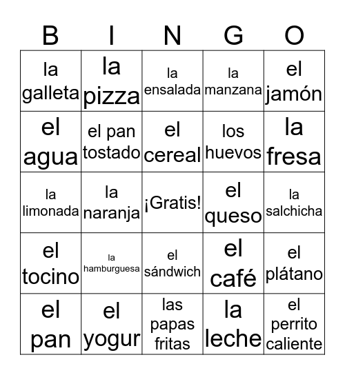 La comida Bingo Card