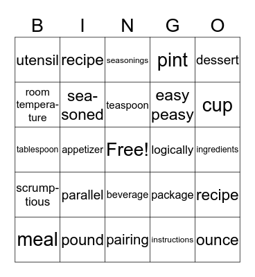 Recipe Vocabulary Bingo Card