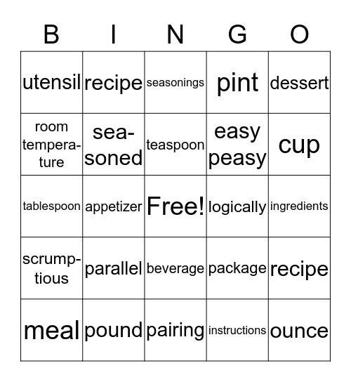 Recipe Vocabulary Bingo Card