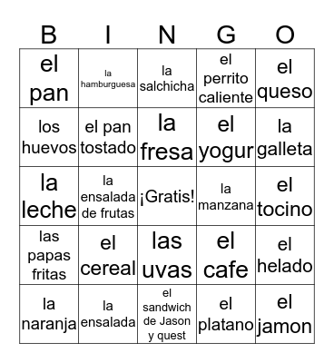 La comida Bingo Card
