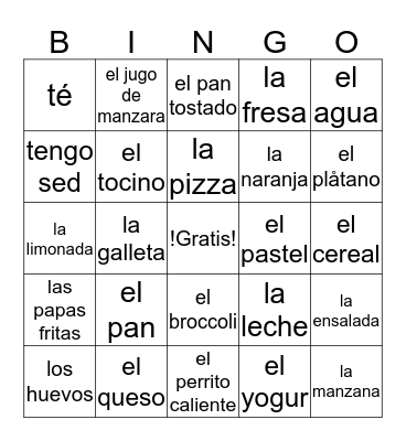 La comida Bingo Card
