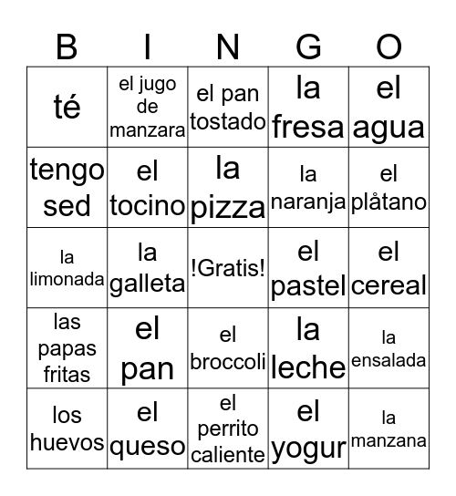 La comida Bingo Card
