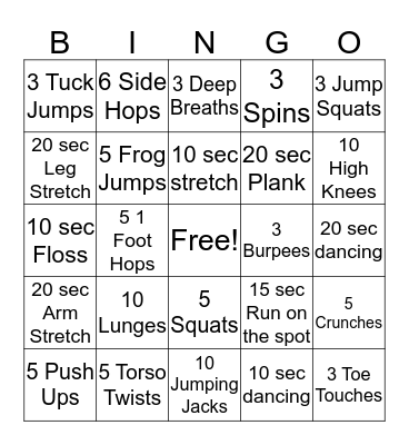 Fitness Bingo Card