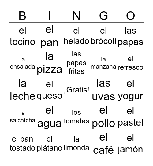 La comida Bingo Card