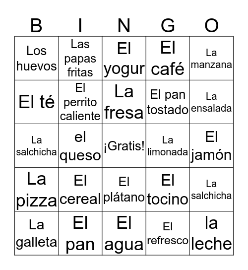 La comida Bingo Card