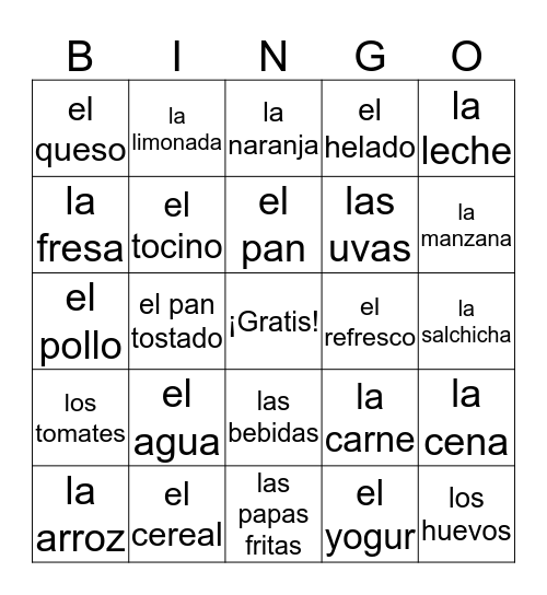 la comida Bingo Card