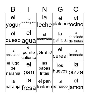 La comida Bingo Card