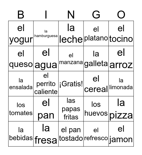 La comida Bingo Card