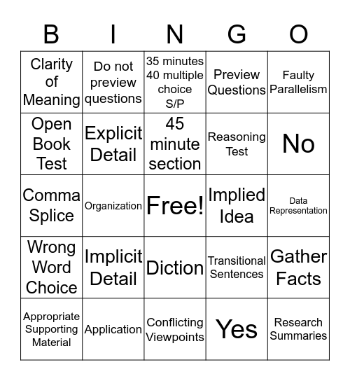 ACT  Bingo Card