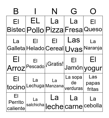 La comida Bingo Card
