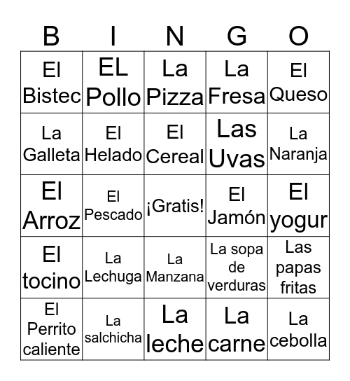 La comida Bingo Card
