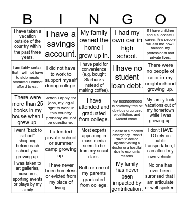 Socioeconomic and Class Privilege Bingo Card