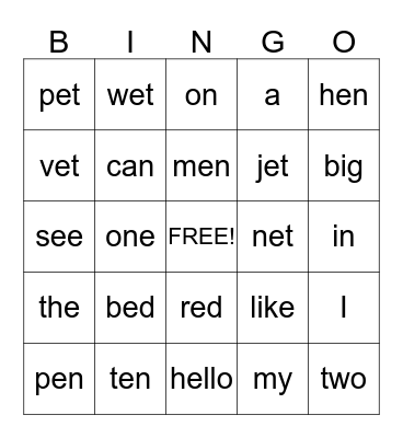 "e" sounds and sight words Bingo Card
