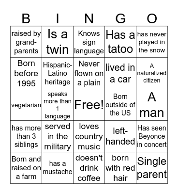 Cultural Bingo Card