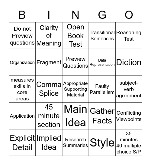 ACT Bingo Card