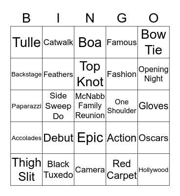 Red Carpet Hollywood Bingo Game Bingo Card