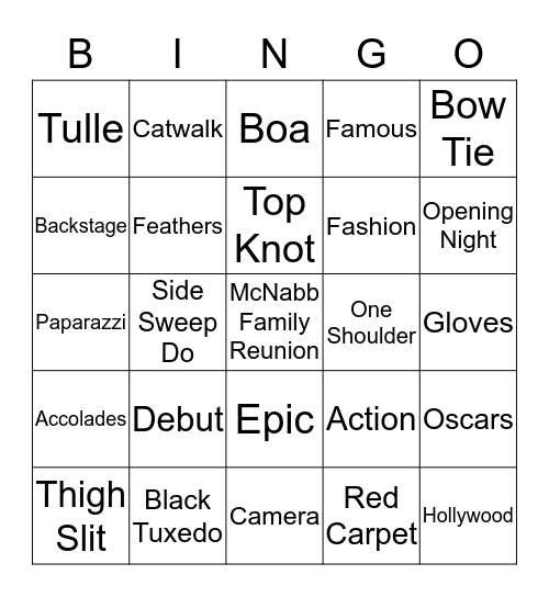 Red Carpet Hollywood Bingo Game Bingo Card