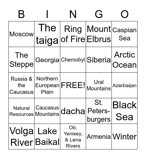 Geography-Russia and the Caucasus Bingo Card