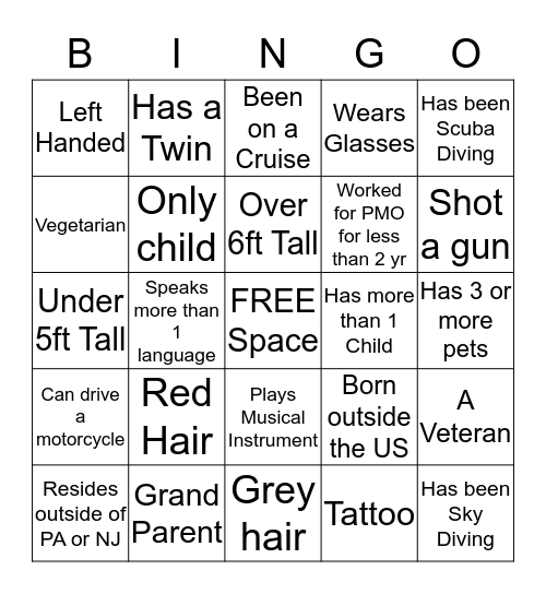 PMO Get to Know You Bingo Card