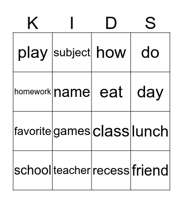 After School Bingo 2 Bingo Card