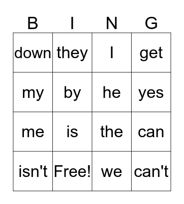 Sight Words Bingo Card