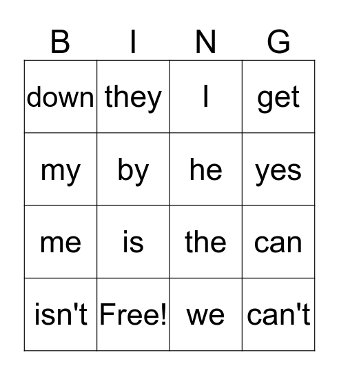 Sight Words Bingo Card