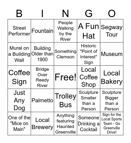 WELCOME TO GREENVILLE! Bingo Card