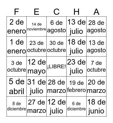 LAS FECHAS Bingo Card