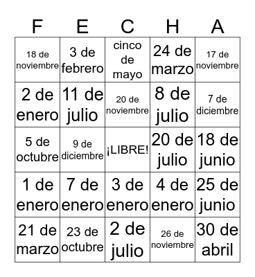LAS FECHAS Bingo Card