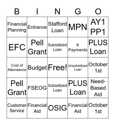 Financial Aid Bingo Card