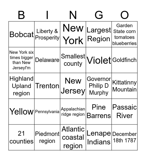 New Jersey Bingo Card