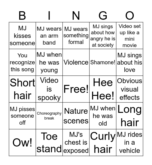 Michael Jackson Bingo Card
